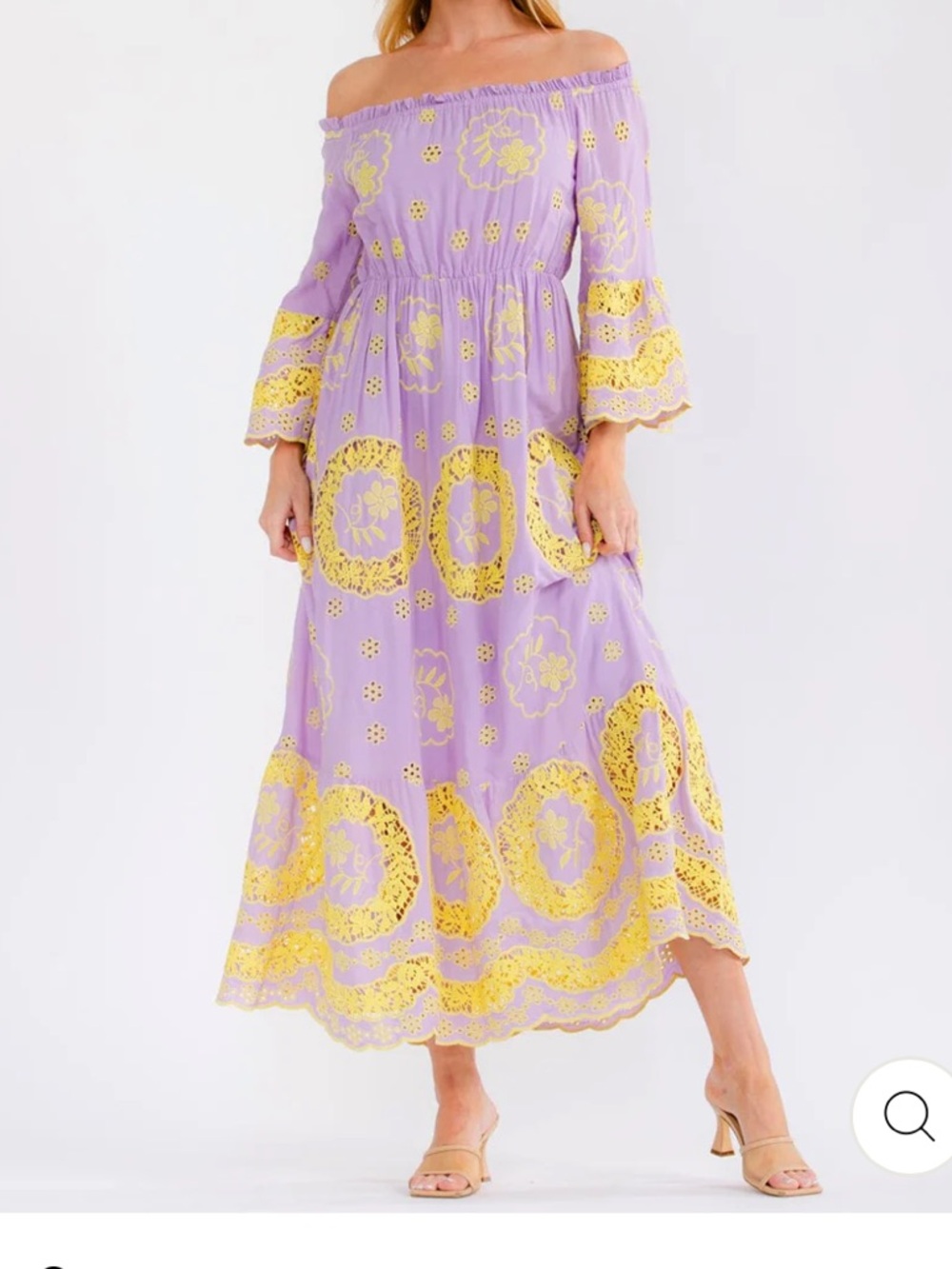 Boho womans Lavender Off-Shoulder Yellow eyelet Lace Trim maxi dress size S-M-L - Picture 2 of 4